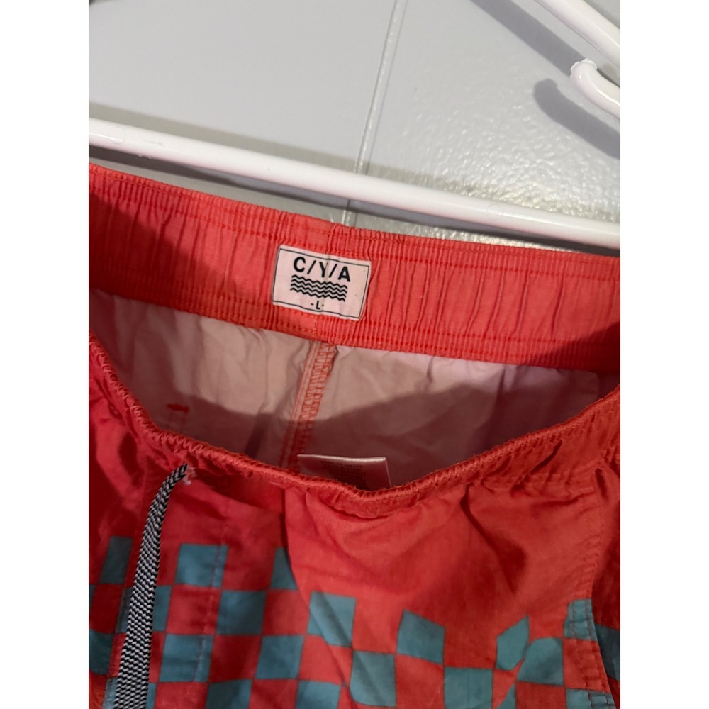 C/Y/A Swim Trunks Mens Large Red Teal Blue Checkered Board Shorts Drawstring - Picture 6 of 7